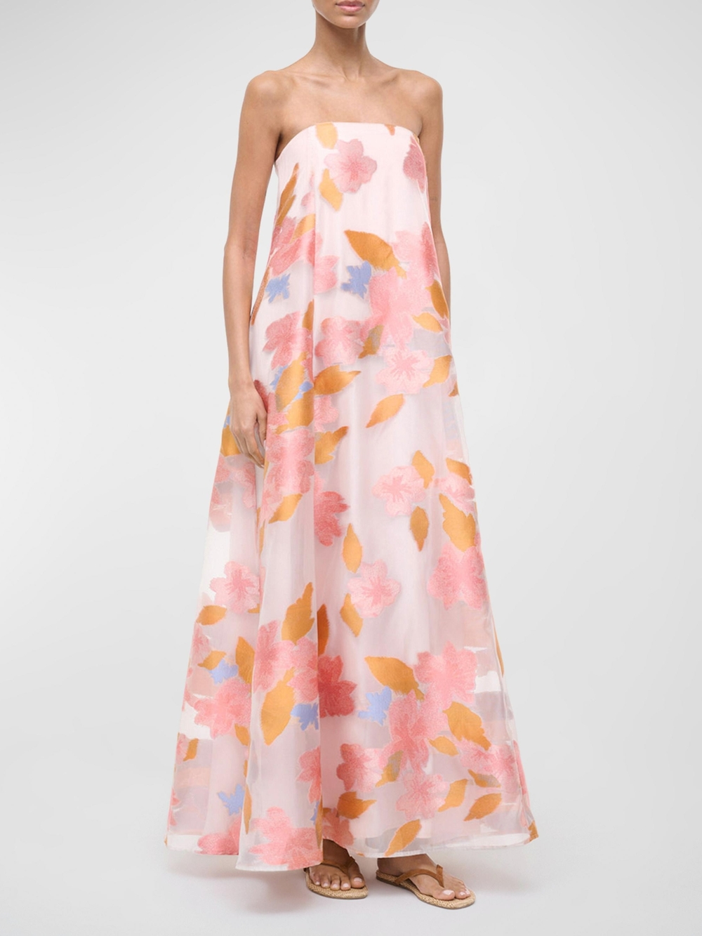 Staud Strapless Pink Floral Maxi Dress with Gold Leaf Accents